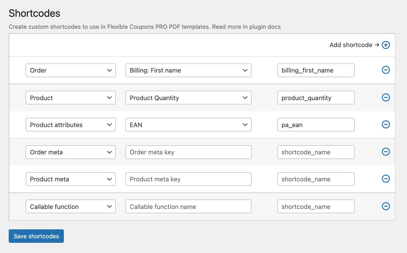 Flexible PDF Coupons PRO – Custom Shortcodes